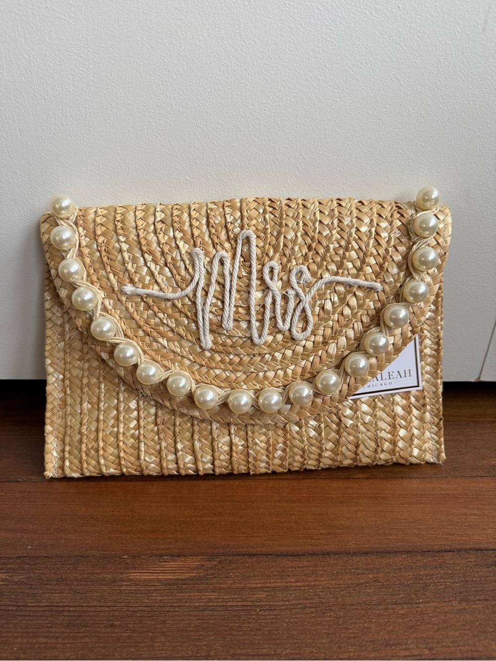 NWT Mrs Straw Clutch with Pearl Trim - Natural